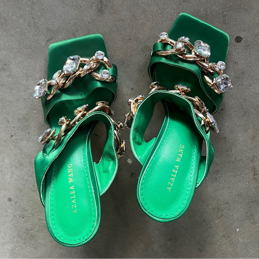 Green Satin Embellished Women's Shoes